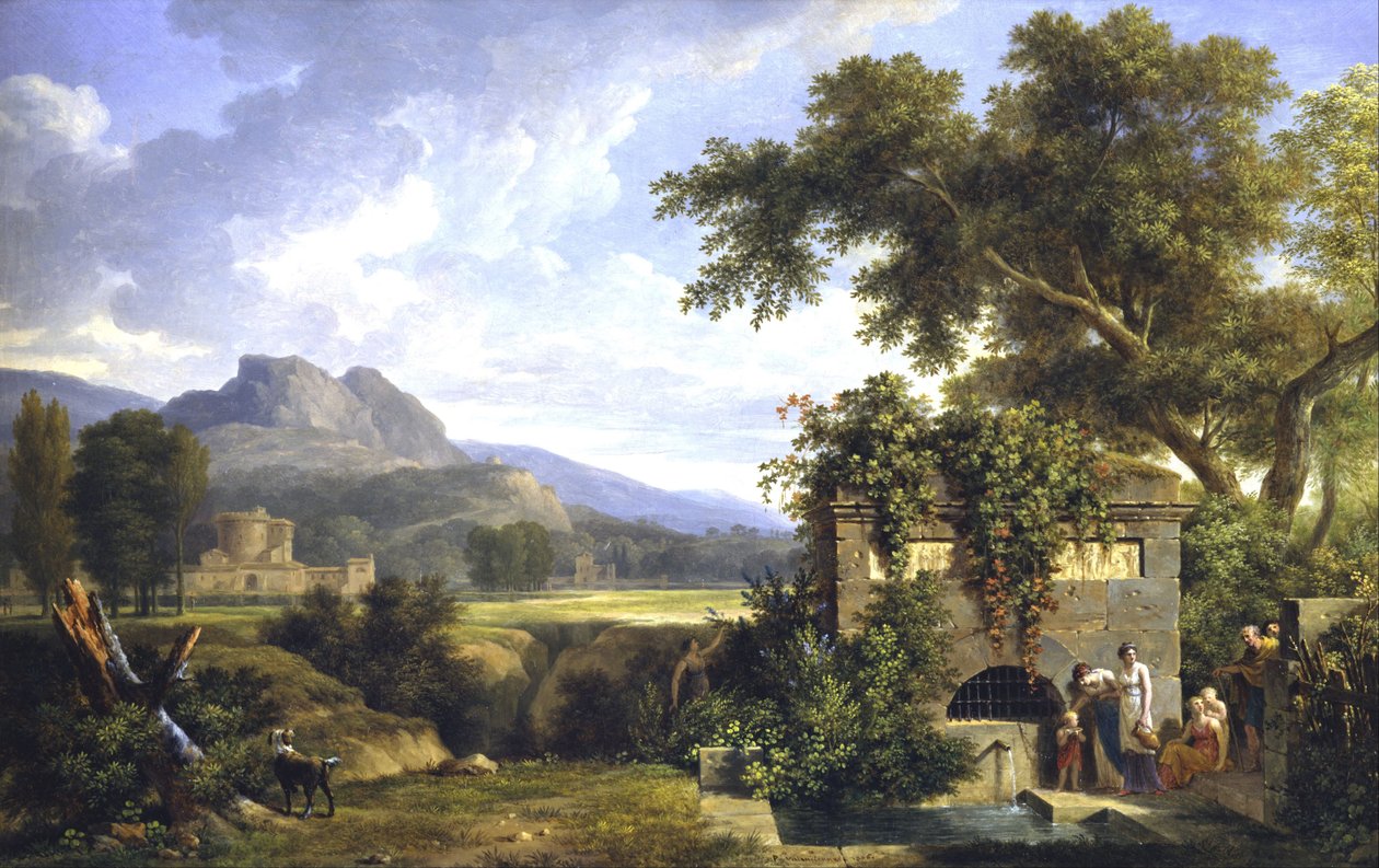 Paysage classique avec des figures buvant près d