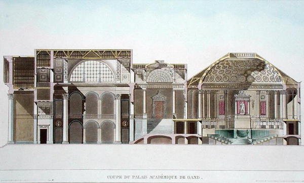 Coupe transversale du Palais Académique à Gand, de Choix des Monuments, Édifices et Maisons les plus remarquables du Royaume des Pays-Bas par Pierre Jacques Goetghebuer, gravé par L. Roelandt, publié - Pierre Jacques after Goetghebuer