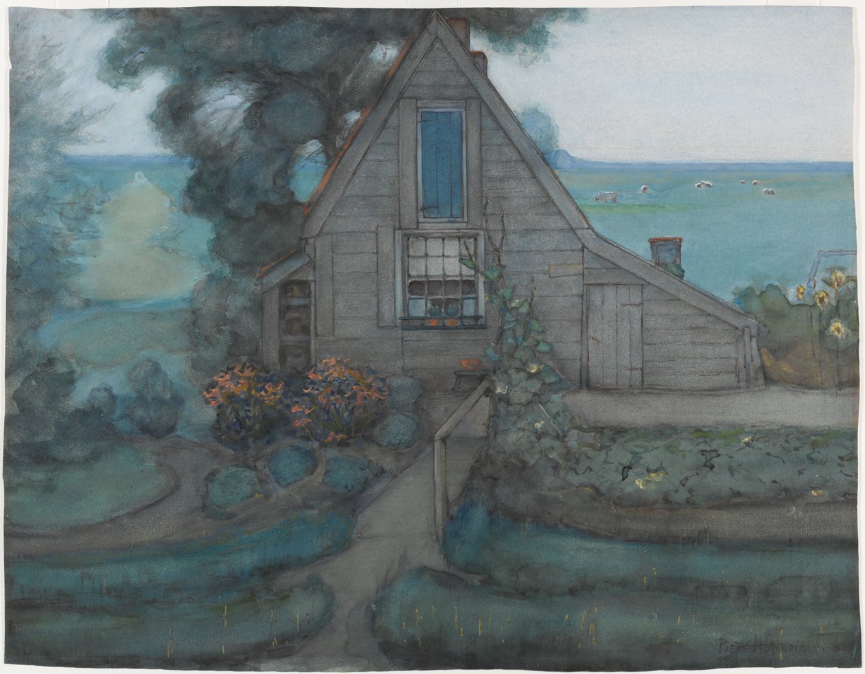 Façade de ferme triangulée avec polder en bleu, vers 1900 - Piet Mondrian