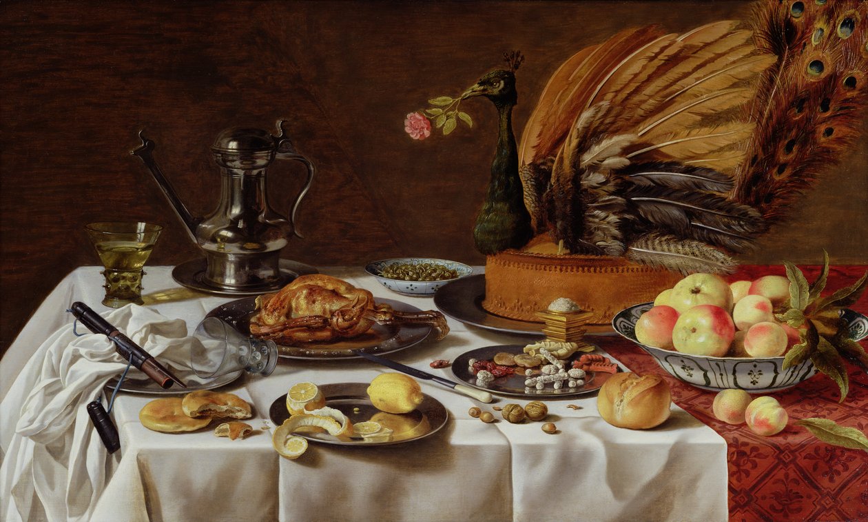 Nature morte avec une tourte au paon, 1627 - Pieter Claesz