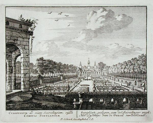 La maison et le jardin à Sorgvliet, siège de Hans Willem Bentinck, du Admirandorum Quadruplex Spectaculum, par Jan van Call, publié avant 1715 (gravure) - Pieter Schenk
