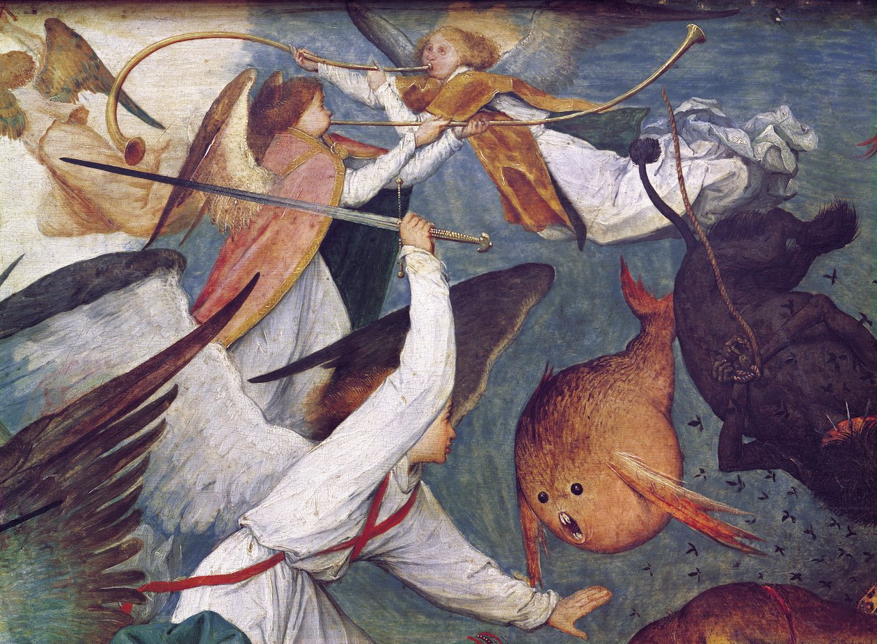 La Chute des anges rebelles, détail des anges combattant et jouant de la musique - Pieter Bruegel the Elder