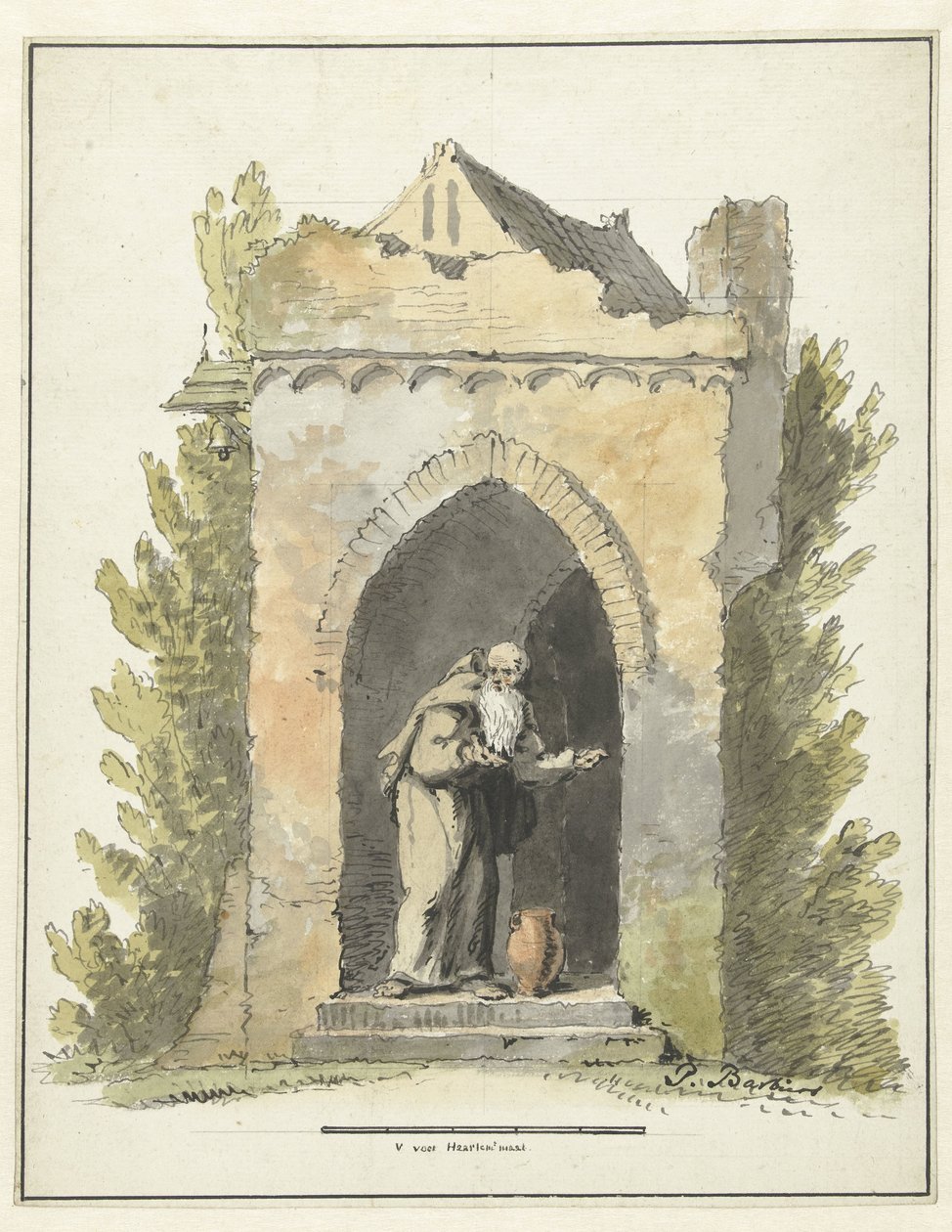 Ermite devant une chapelle en pierre - Pieter Bartholomeusz. Barbiers