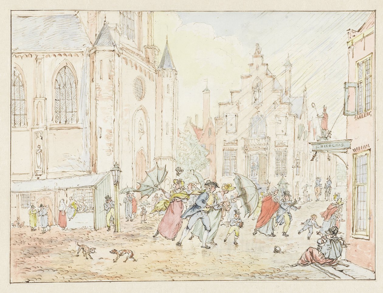 Place avec des gens sous la pluie - Pieter Bartholomeusz. Barbiers