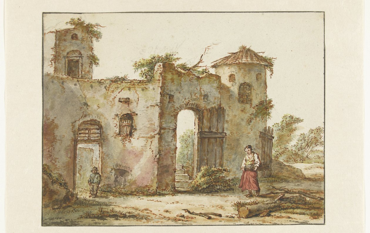 Bâtiment en ruine avec une ramasseuse de bois à droite - Pieter Bartholomeusz. Barbiers