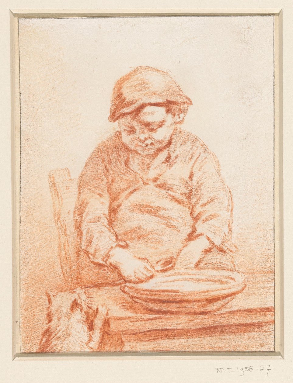 Garçon mangeant de la bouillie, avec un chat - Pieter Christoffel Wonder