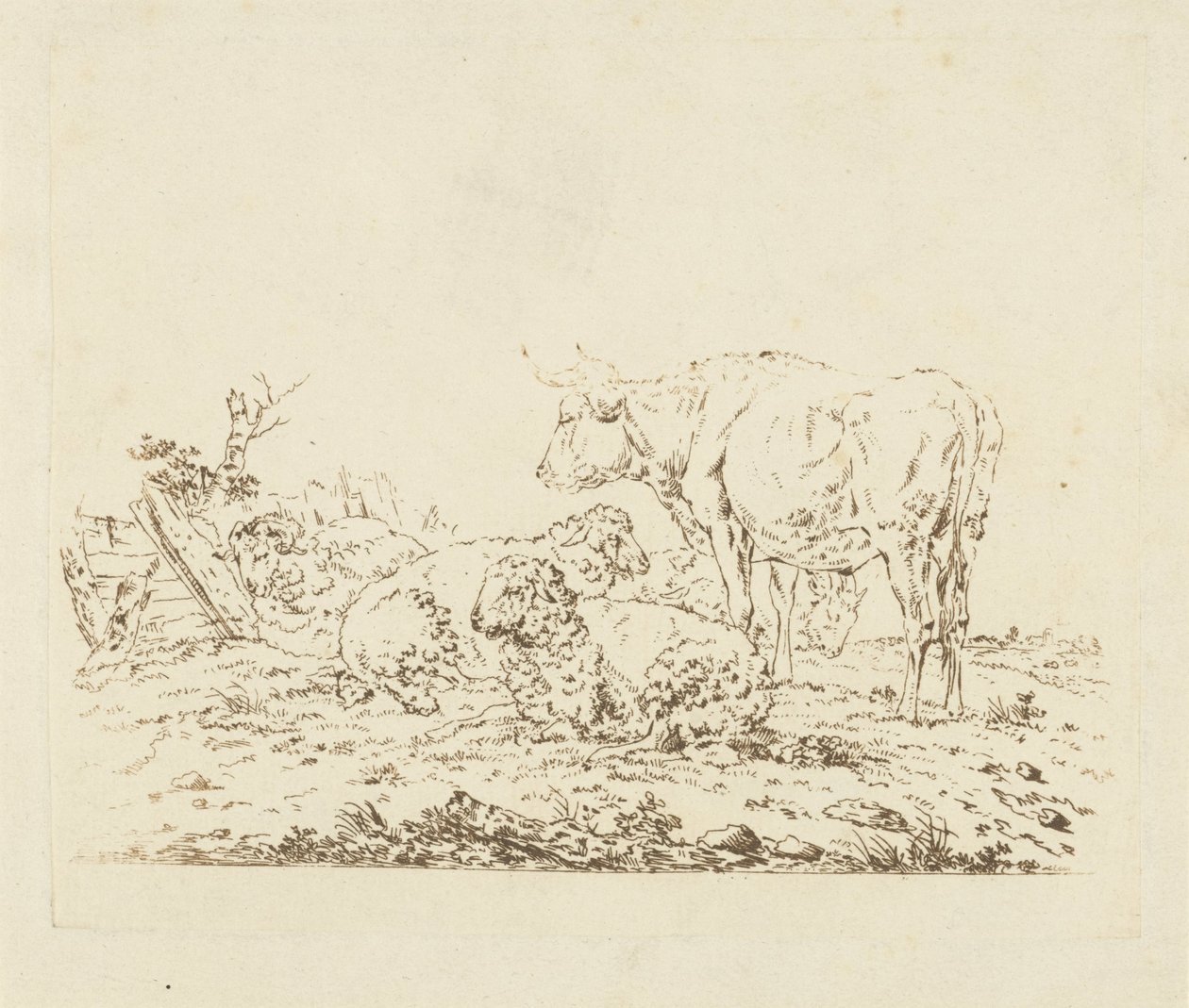 Prairie avec vache et moutons - Pieter Roosing