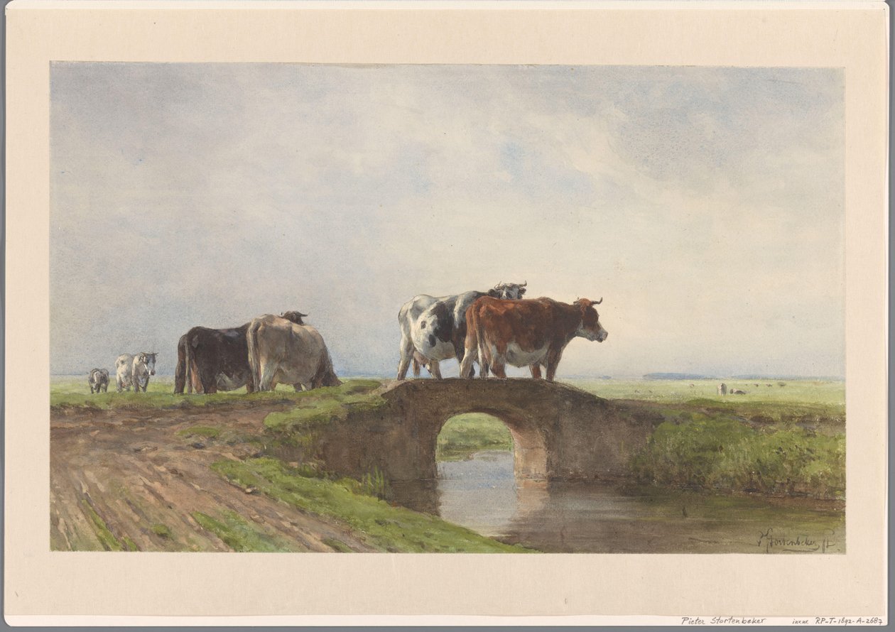 Vaches sur un petit pont en pierre - Pieter Stortenbeker