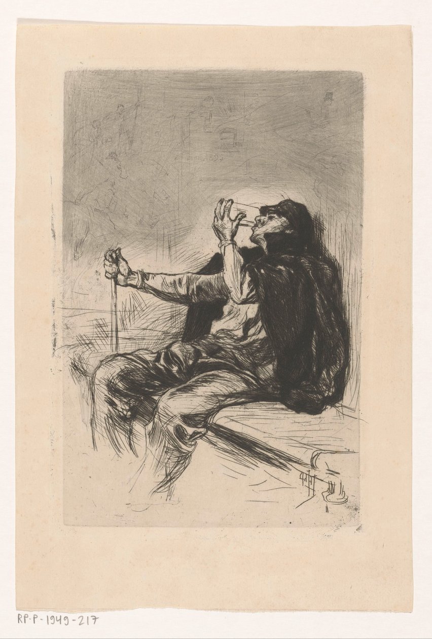 Homme buvant avec un bâton de marche - Pieter de Josselin