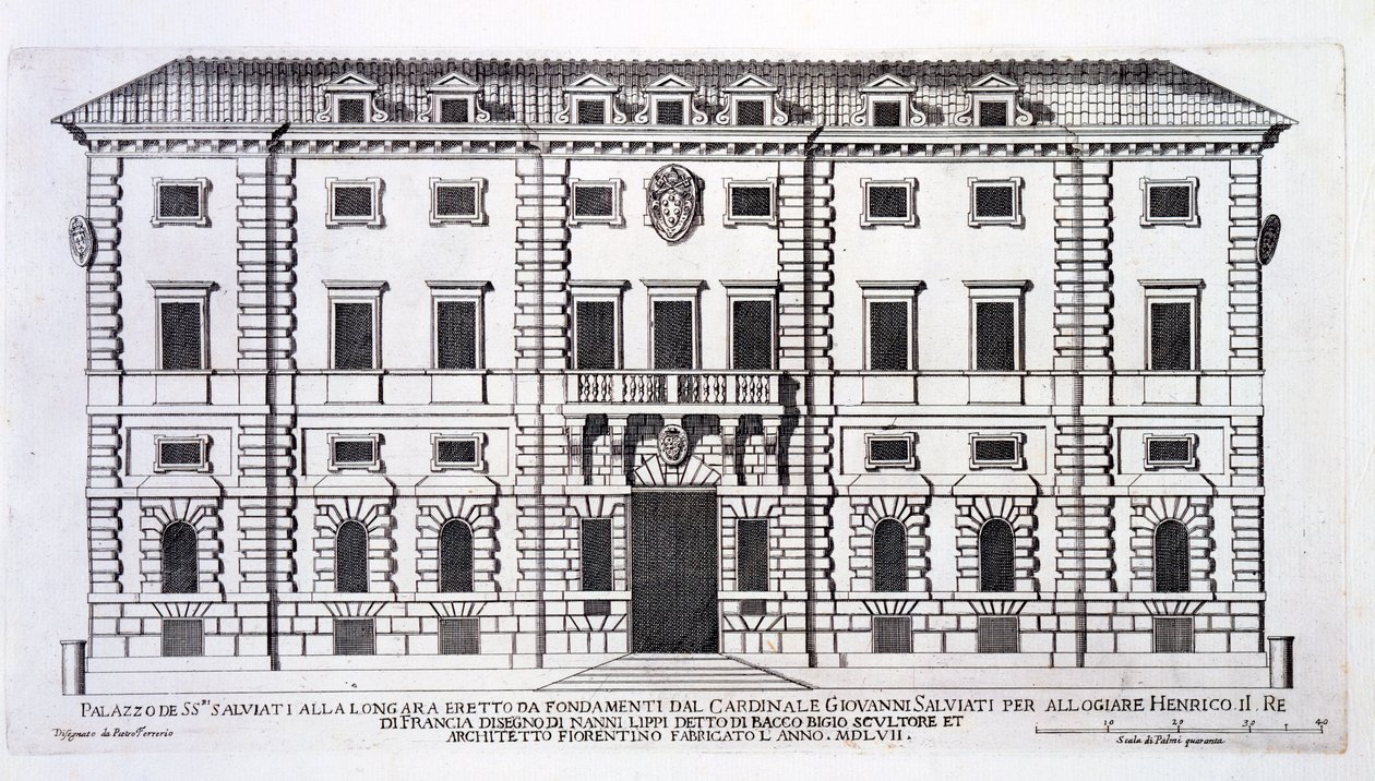 Vue de la façade du Palazzo Salviati à Rome, commandée par le cardinal Giovanni Salviati pour loger Henri, roi de France, et conçue par Nanni di Baccio Bigio (d.c.1568) en 1557 - Pietro Ferrerio
