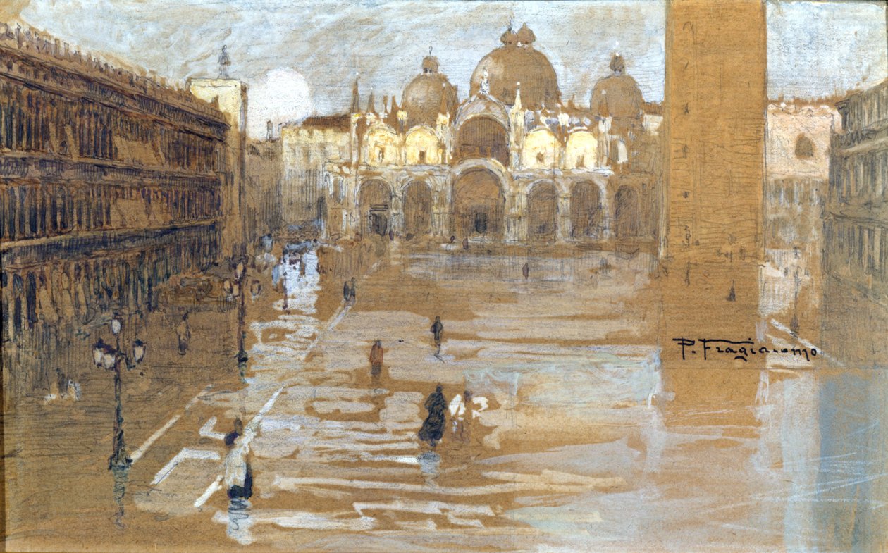 Venise, Place Saint-Marc. Peinture de Fragiacomo. - Pietro Fragiacomo