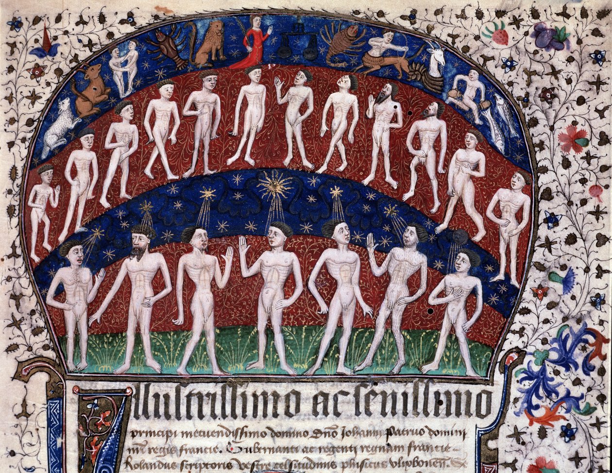 Lisbonne, MS 52-XIII-18 f.1r, miniature représentant les correspondances entre les organes et les planètes et l