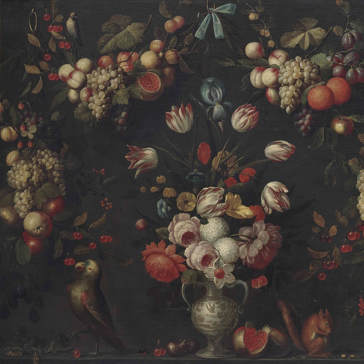 Roses, hortensias, tulipes perroquet et autres fleurs dans un vase en porcelaine - Pseudo Simons