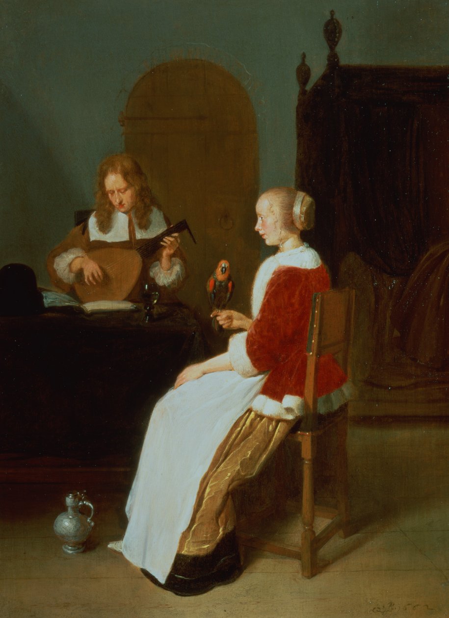 Un intérieur avec un joueur de luth et une femme tenant un perroquet - Quiringh Van Brekelenkam
