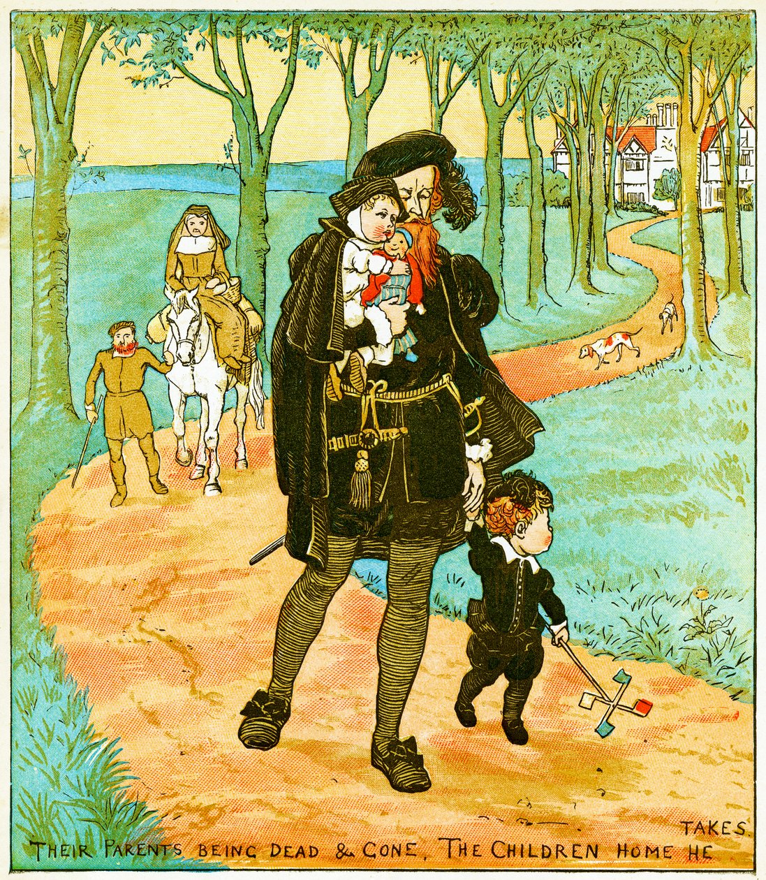 "Les parents étant morts et partis, les enfants il ramène", illustration pour Babes in the wood, 1885 - Randolph Caldecott