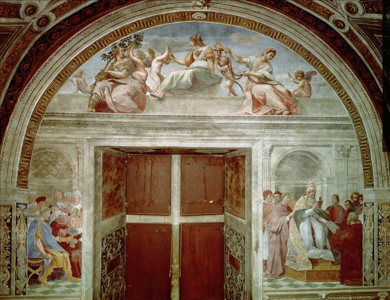 Les Vertus judiciaires : le Pape Grégoire IX approuvant les Décrétales Vaticanes ; Justinien remettant les Pandectes à Trebonianus - Raffaello Sanzio Raphael
