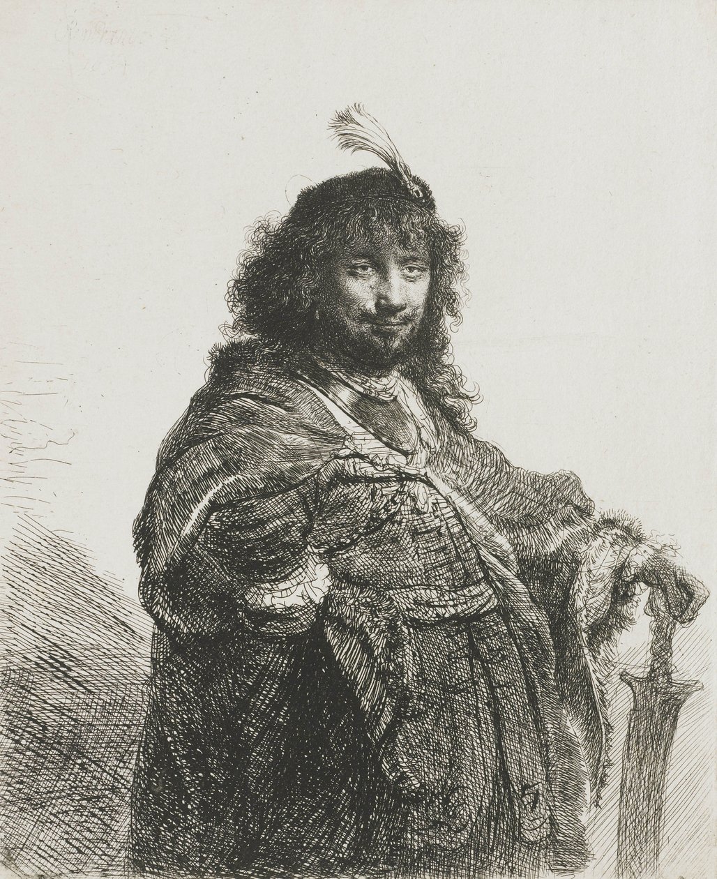 Autoportrait(?) avec béret à plumes, appuyé sur une épée, 1634 - Rembrandt van Rijn