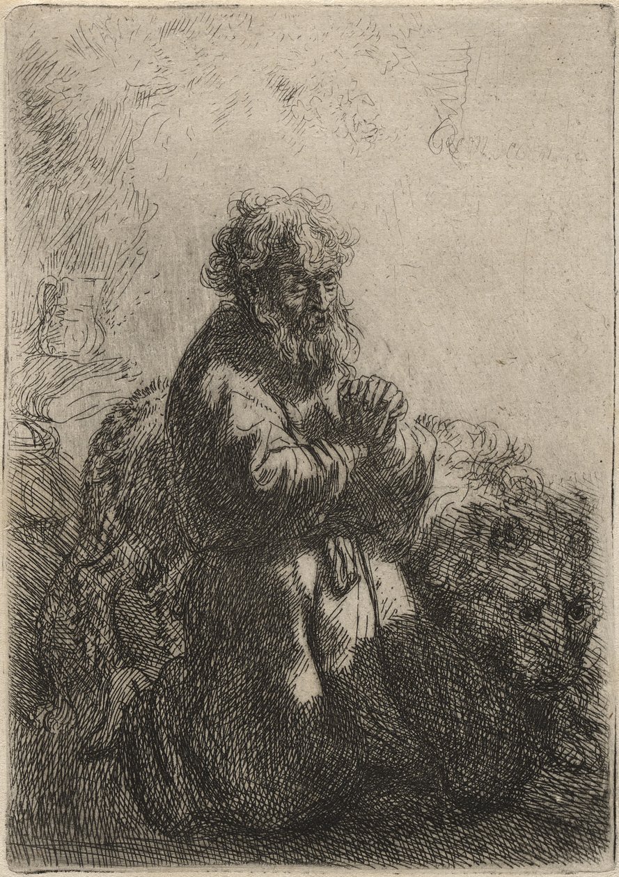 Saint Jérôme priant à genoux, regardant vers le bas - Rembrandt van Rijn