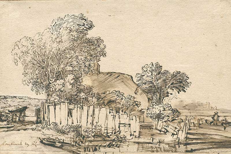 Petite maison avec clôture en bois entre les arbres - Rembrandt van Rijn