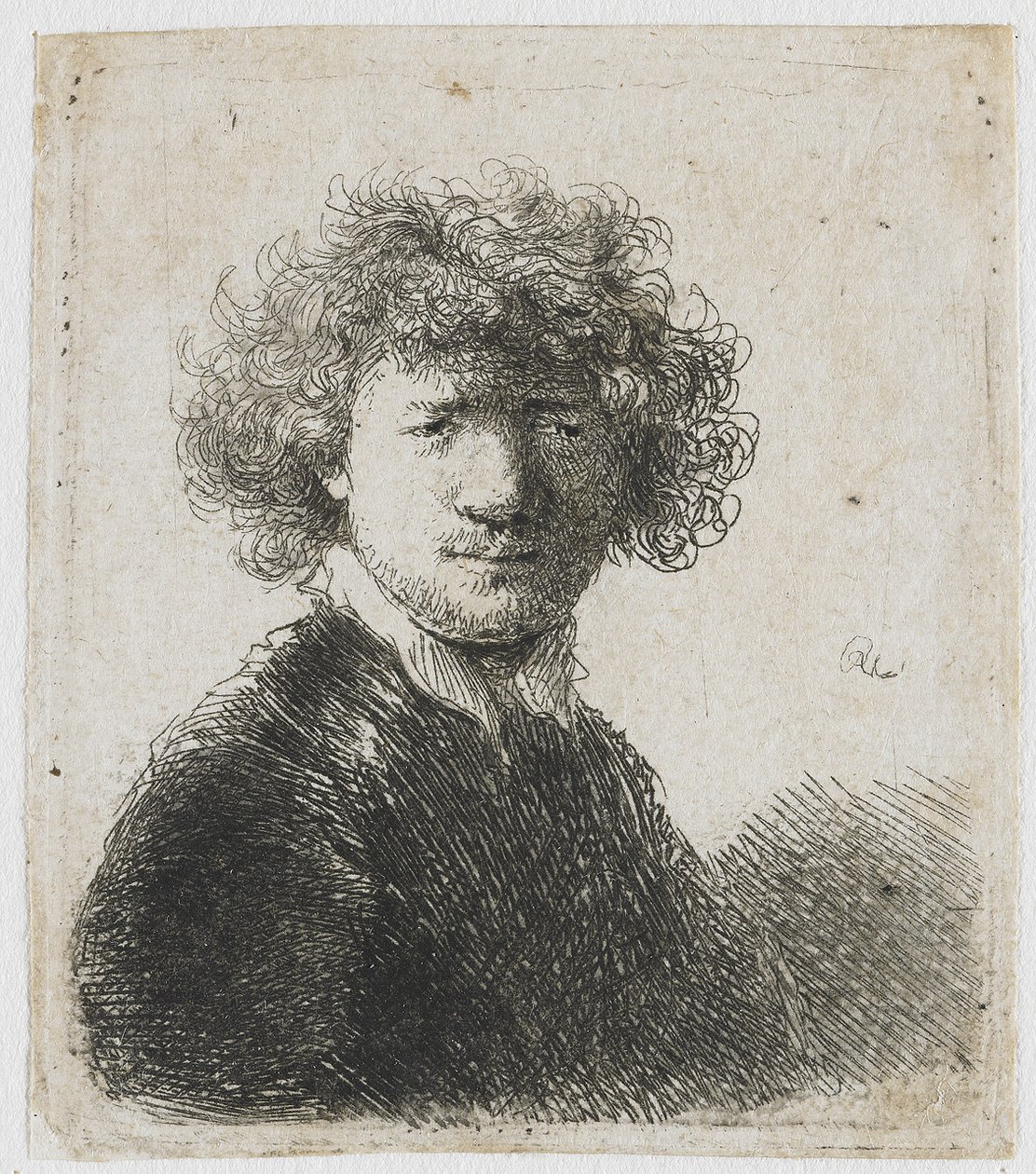 Autoportrait avec Cheveux Bouclés et Col Blanc - Rembrandt van Rijn