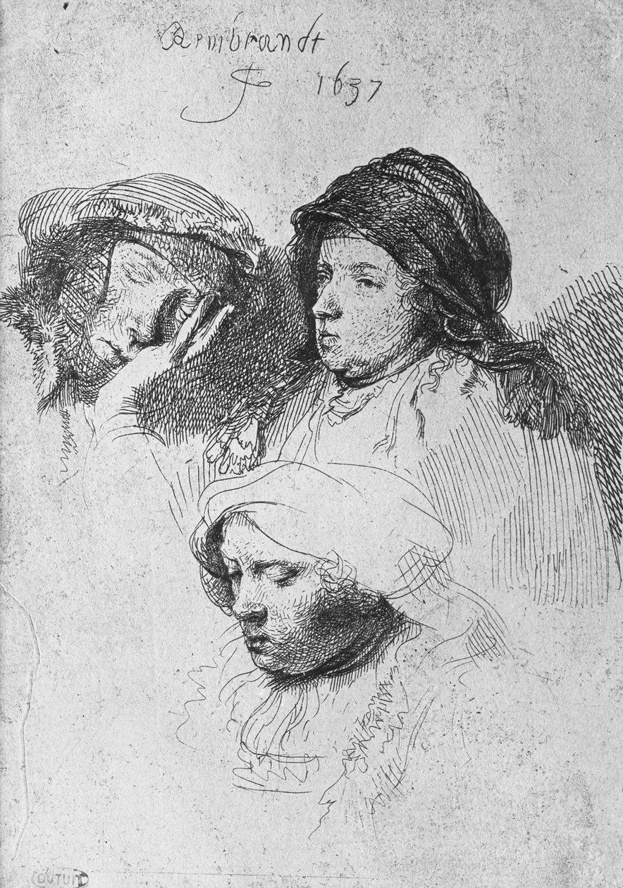 Trois têtes de femmes dont une endormie, 1637 - Rembrandt van Rijn