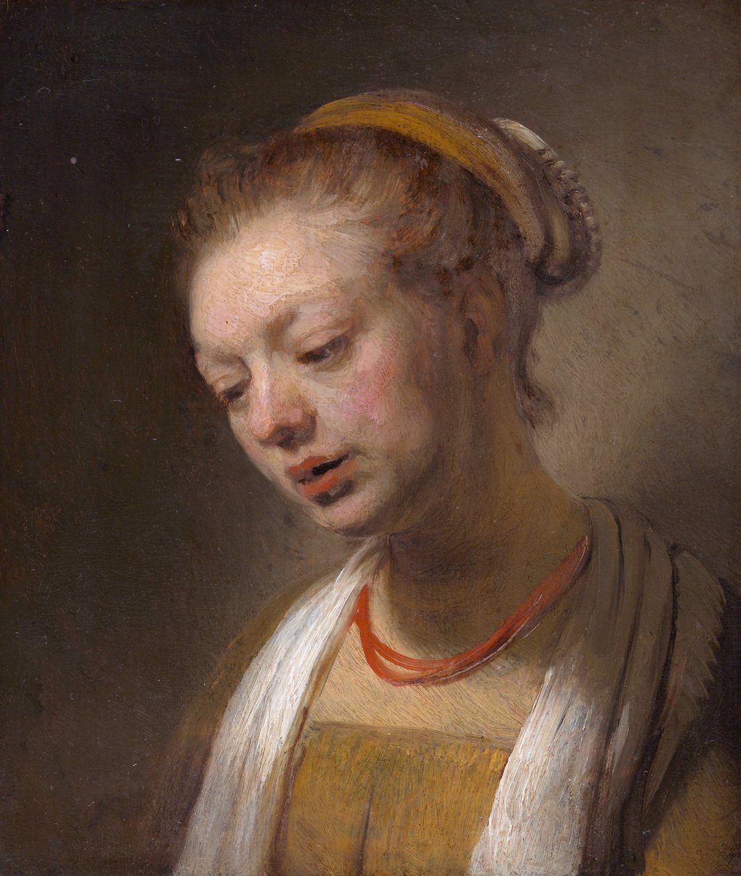 Jeune femme avec un collier rouge - Rembrandt van Rijn