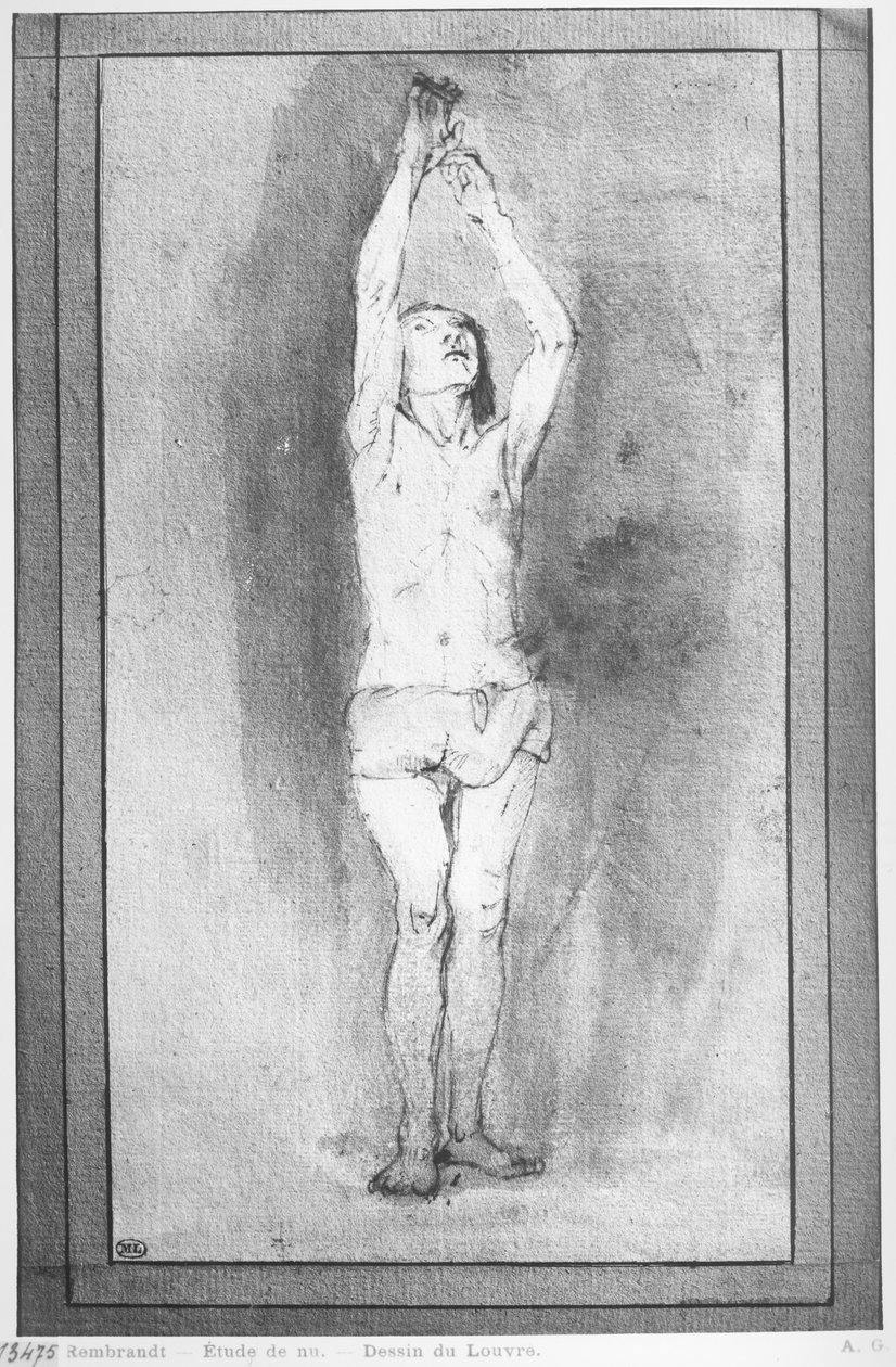 Jeune garçon avec un pagne, les deux mains accrochées à une petite barre (plume, encre brune et lavis sur papier) - Rembrandt van Rijn