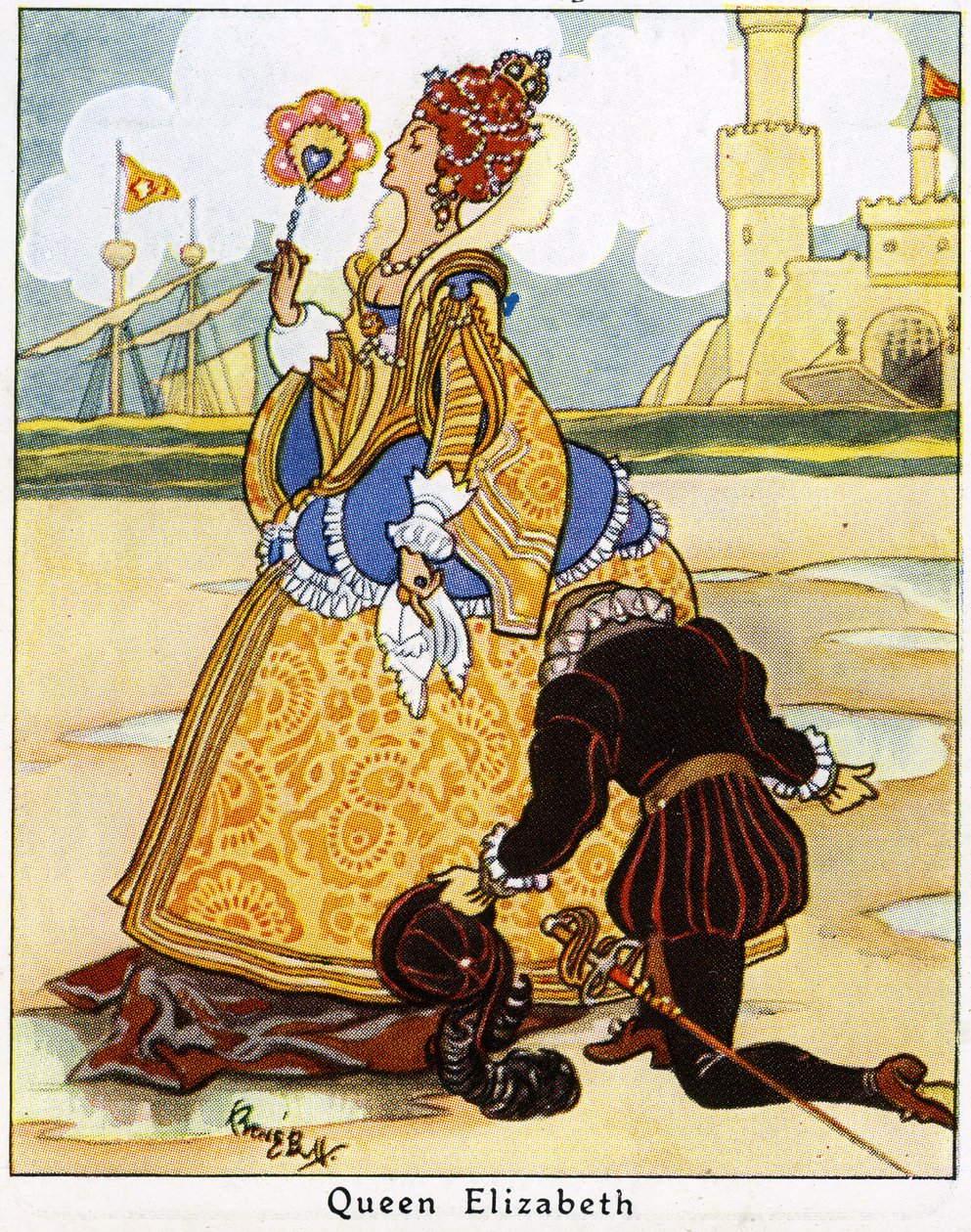 Sir Walter Raleigh pose son manteau devant la reine Élisabeth I pour qu