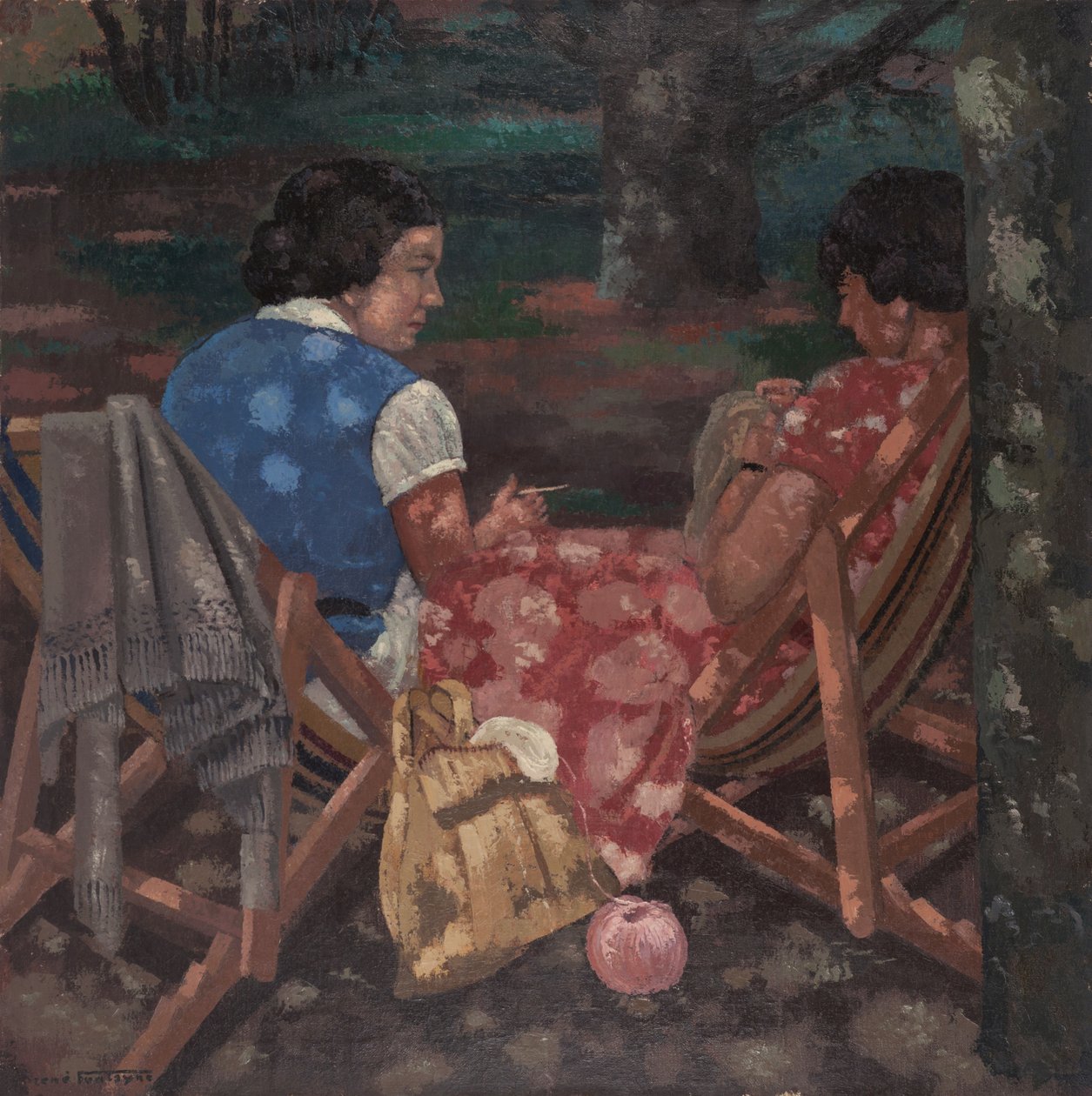 Femmes tricotant dans le jardin - René Fontayne