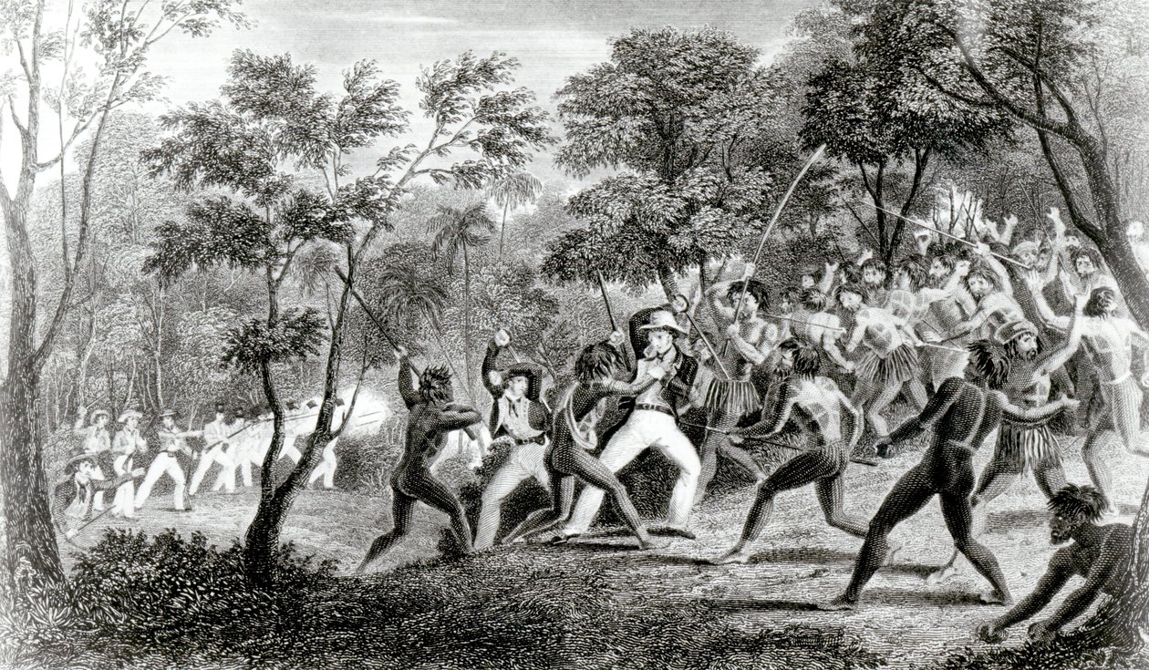 Attaque des indigènes des îles Gambier, gravé par Edward Finden, 1831 - Richard B. Beechey