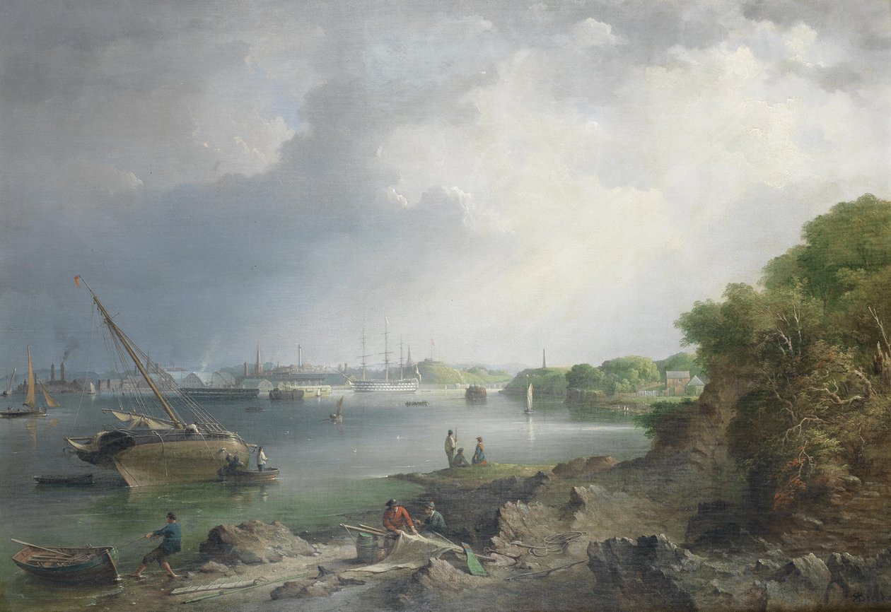 Vue à travers le Hamoaze vers les cales couvertes et les bâtiments du chantier naval de Devonport - Richard Brydges Beechey