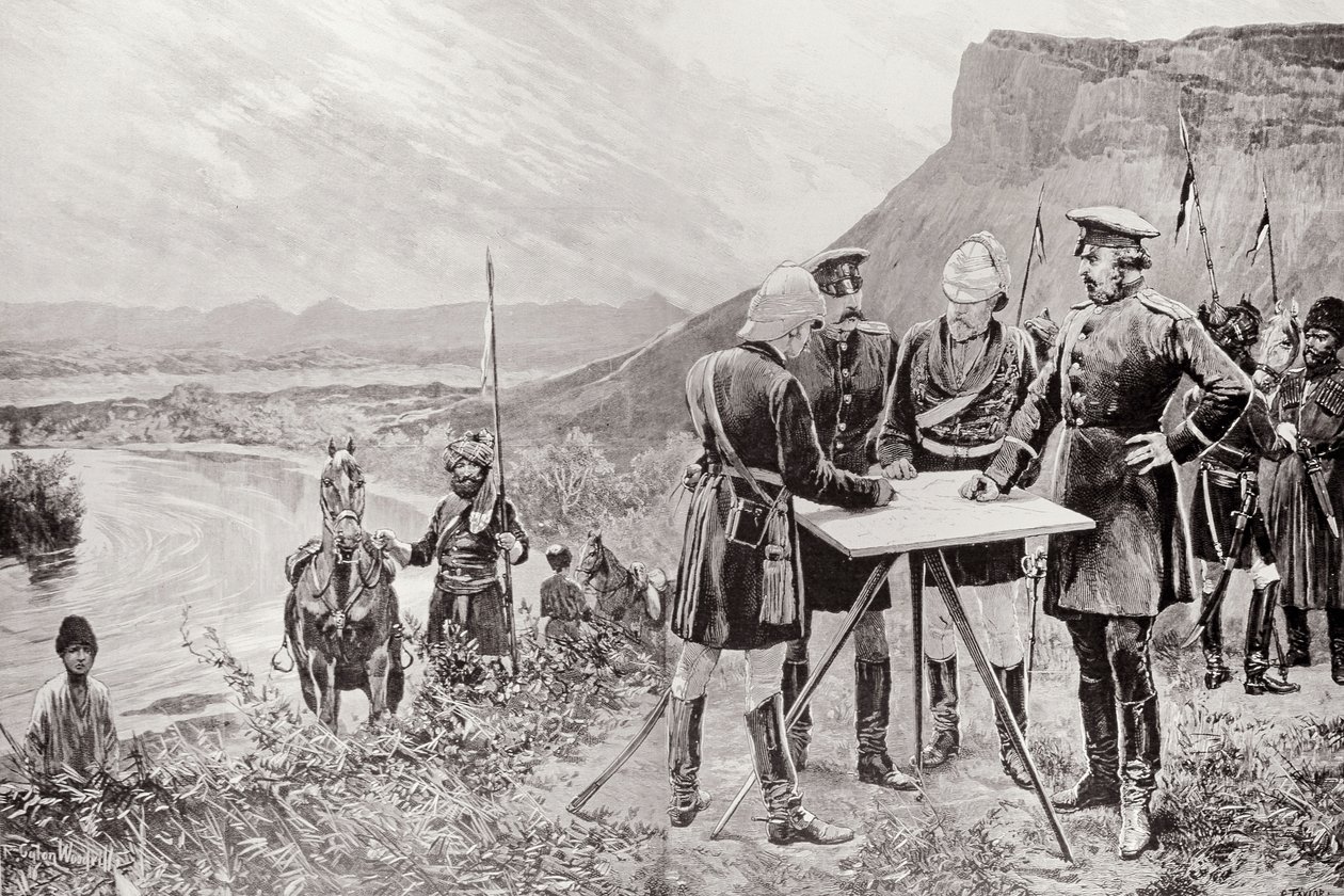 La Commission de la frontière afghane : Les commissaires russes et britanniques à Zulfikar, fixant le site du premier poste frontière, 12 novembre, gravé par R. Taylor, de 