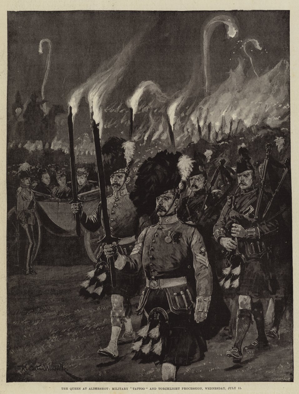 La reine à Aldershot, tatouage militaire et procession aux flambeaux, mercredi 11 juillet - Richard Caton Woodville junior