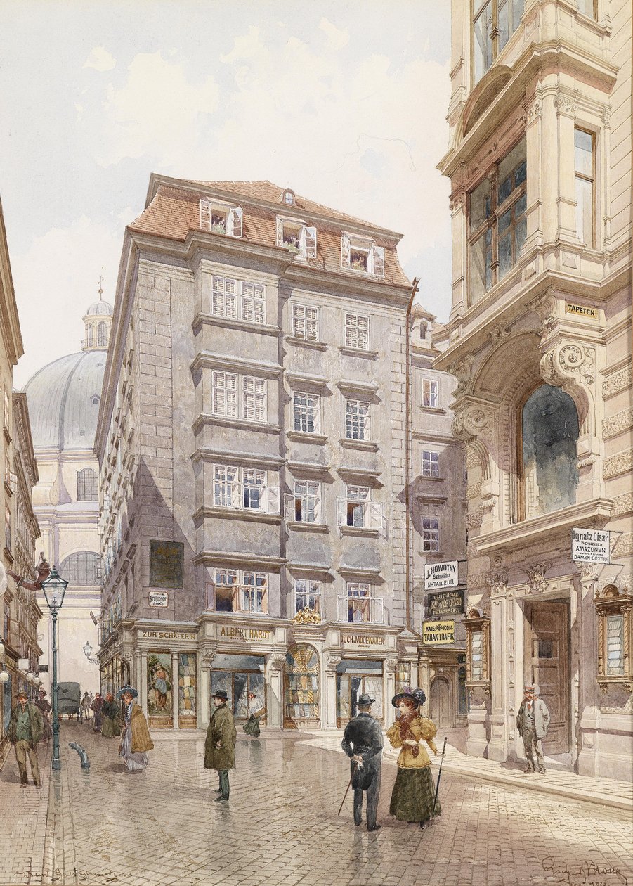 Le magasin de tissus Albert Hardt dans la Freisingergasse, avec l
