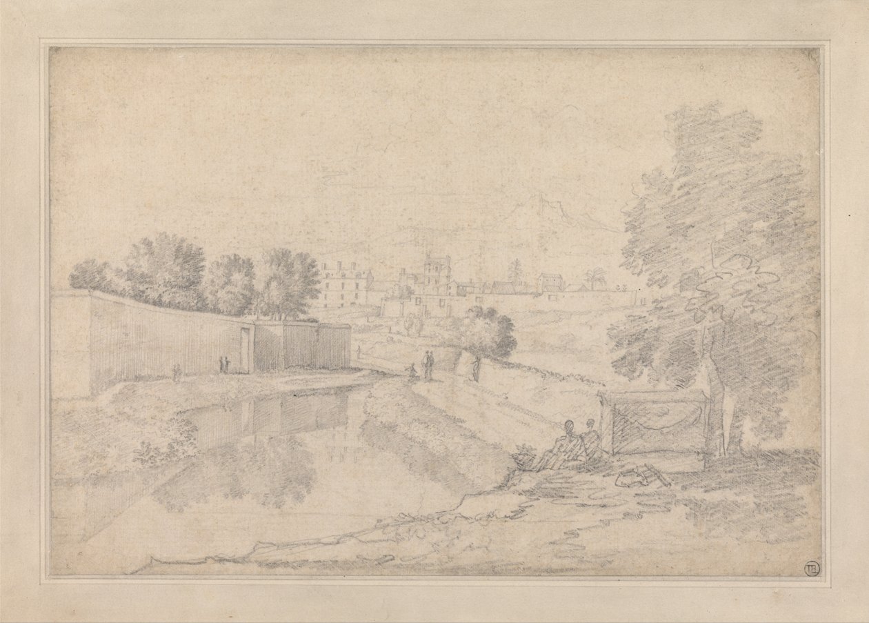 Paysage italien avec rivière entre un mur haut à gauche et une haute berge à droite vers un petit... - Richard Wilson