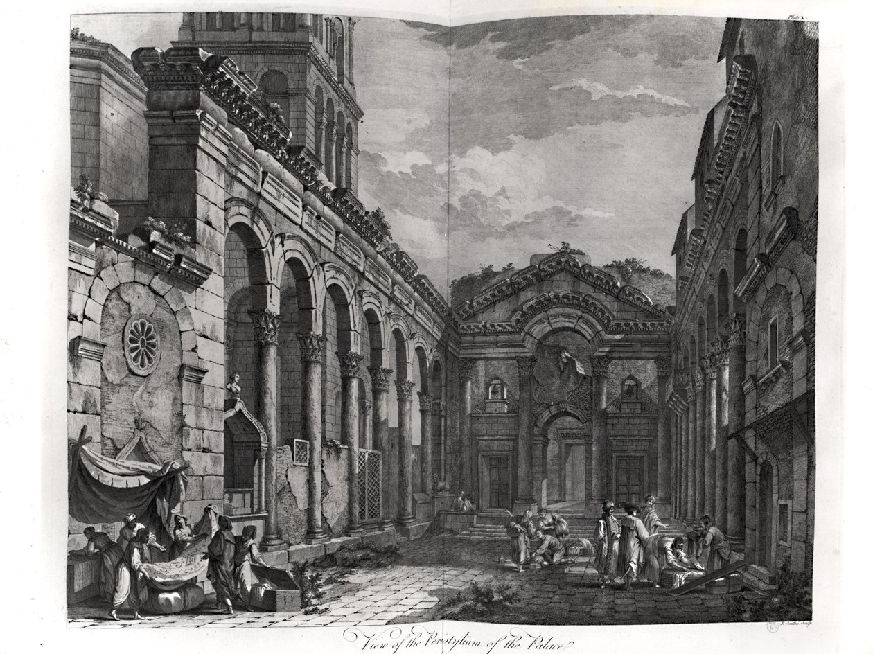 Vue du péristyle du palais de Dioclétien (245-313), empereur romain 284-305, à Split sur la côte dalmate, gravée par P. Santini, 1768 - Robert Adam