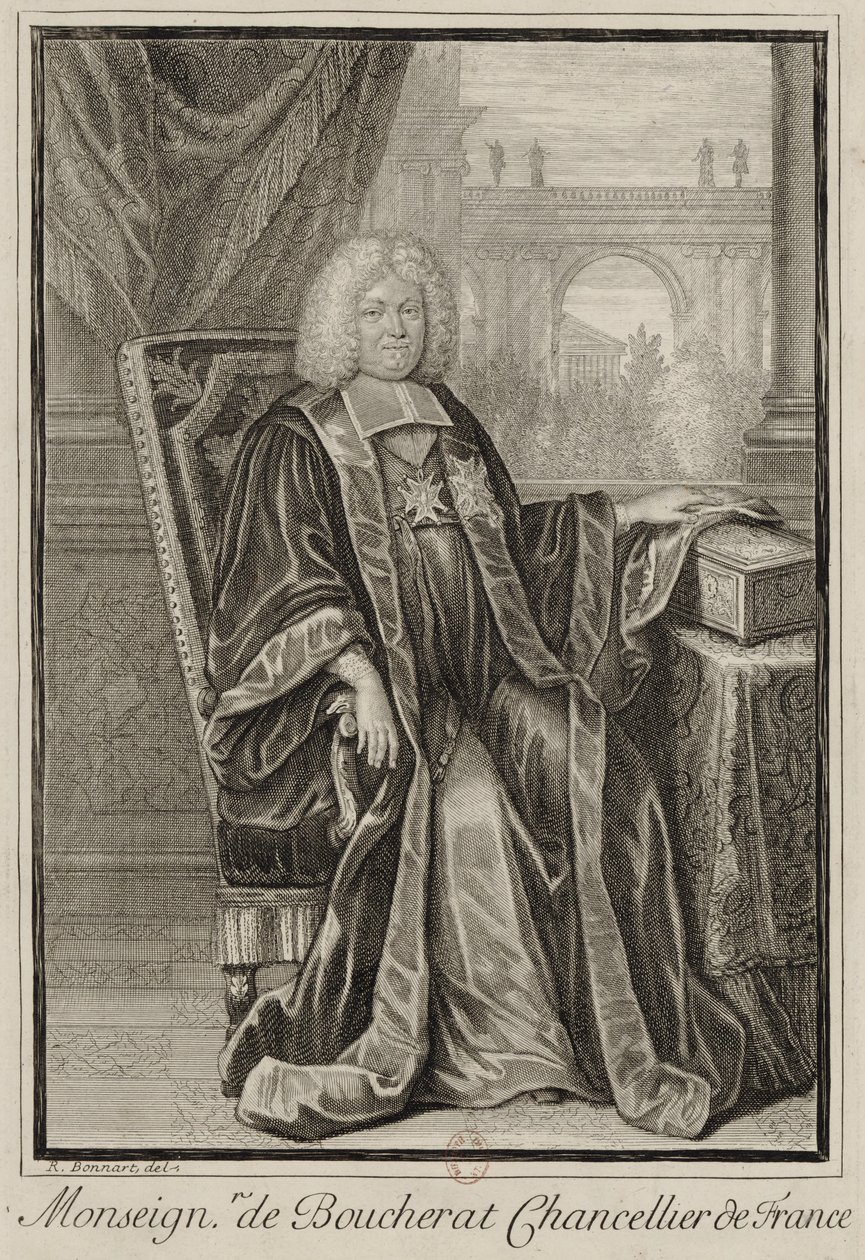 Portrait de Louis Boucherat en robe de chancelier, la main posée sur la cassette des sceaux de France - Robert Bonnart