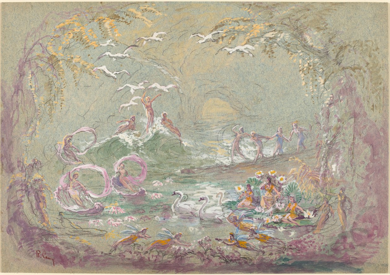 Scène de lac avec fées et cygnes (aquarelle et gouache sur craie noire sur carton bleu-vert) - Robert Caney