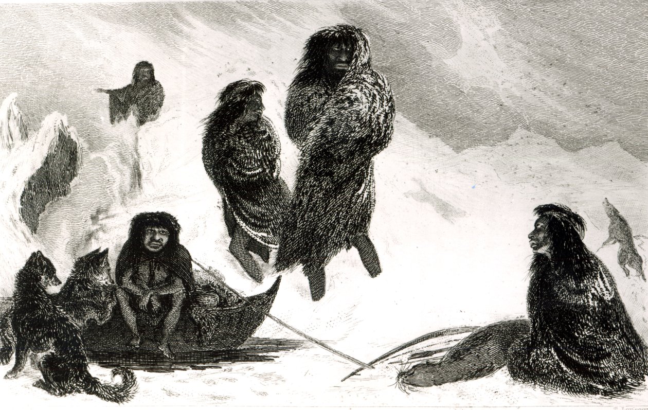 Fuegiens allant commercer des zapallos avec les Patagons, gravé par T. Lanseer 1838 - Robert Fitzroy