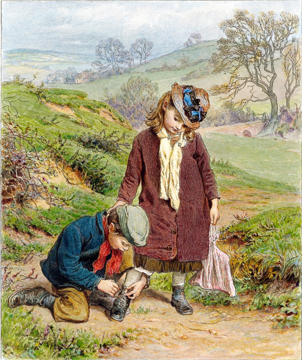 Frère attachant la chaussure de sa sœur, pub. 1854 - Robert Barnes