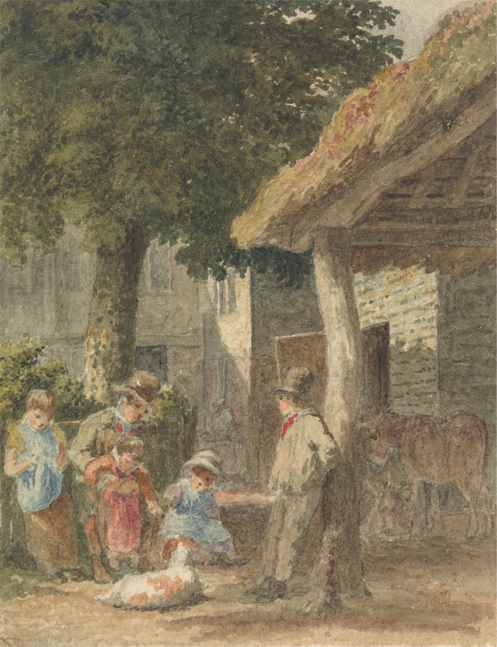 Enfants avec un chien dans une cour de ferme - Robert Hills
