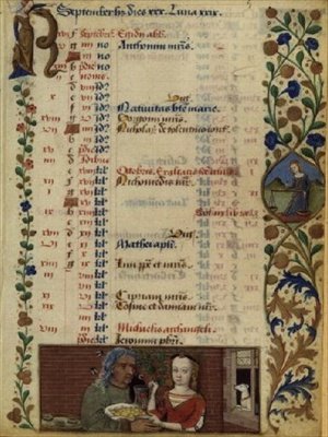 Ms lat 1173 f.5 Septembre; deux figures avec des fruits, des Heures de Charles d