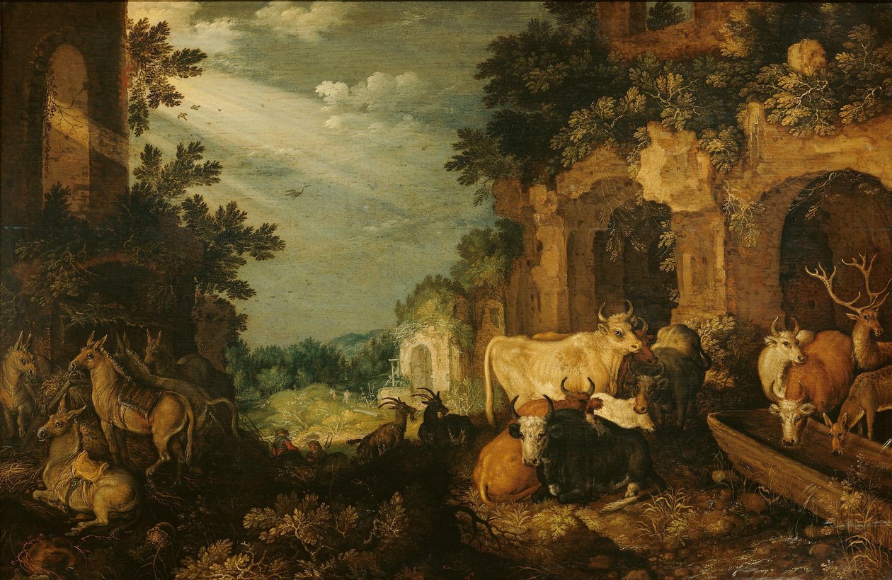 Paysage avec ruines, bétail et cerfs - Roelant Savery