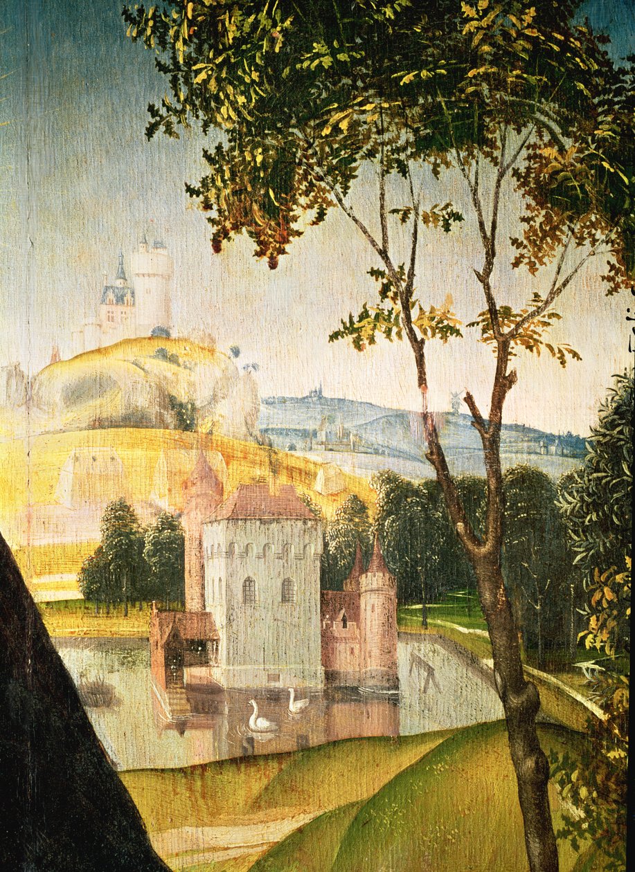 Paysage avec château dans un fossé et deux cygnes, 1460-66 (détail) - Rogier van der Weyden