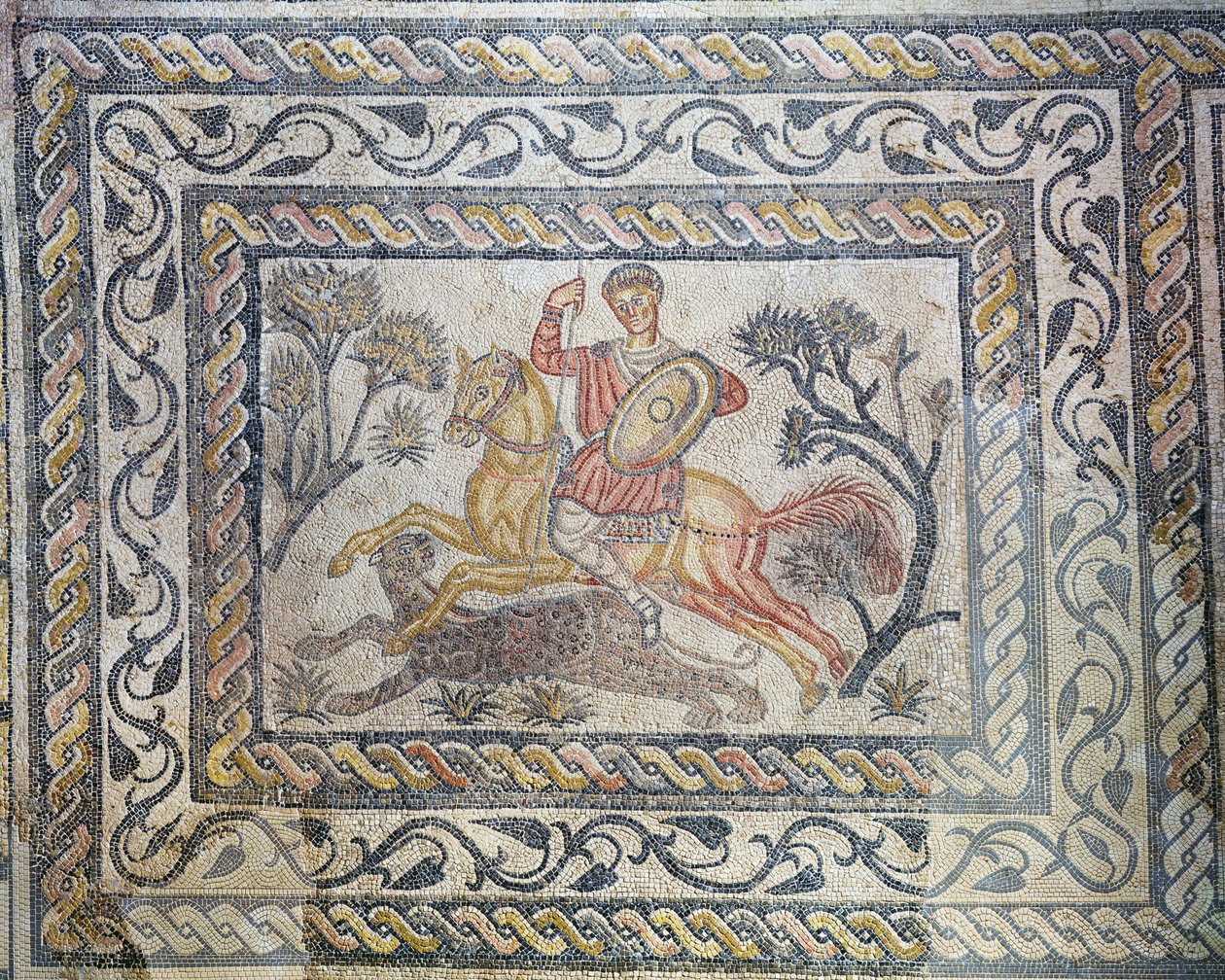 Une mosaïque représentant une chasse au léopard, de la Villa de las Tiendas, c.326-400 - Roman