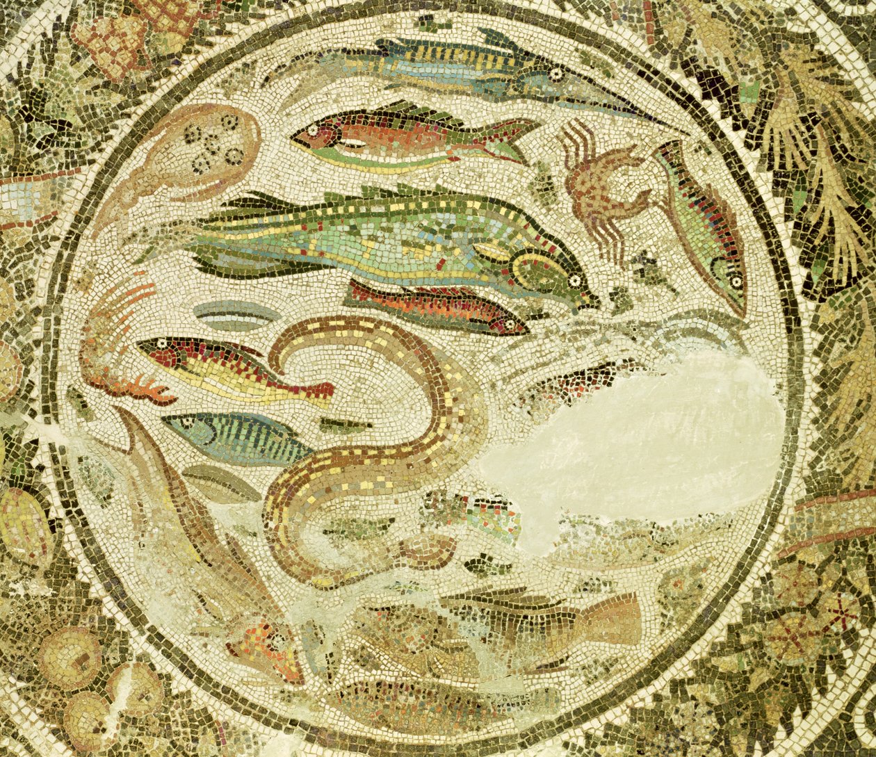 Détail de poisson, Les Quatre Saisons, de la mosaïque de Vega Baja - Roman