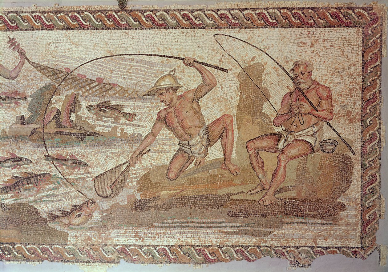 Hommes pêchant sur le Nil, de Villa Nile, Leptis Magna (mosaïque) - Roman