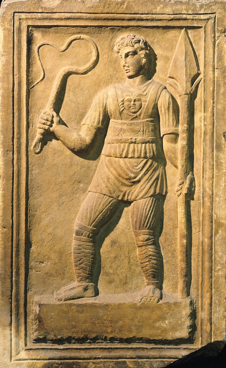 Relief représentant un gladiateur tenant un fouet et une lance - Roman