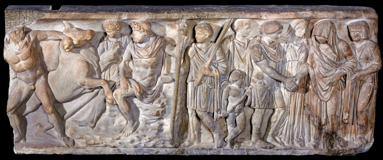 Sarcophage représentant Jason et le taureau cracheur de feu à Colchis - Roman