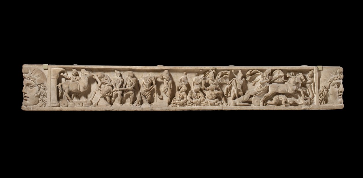 Couvercle de sarcophage représentant le siège de Troie, c.200 après J.-C. (marbre) - Roman